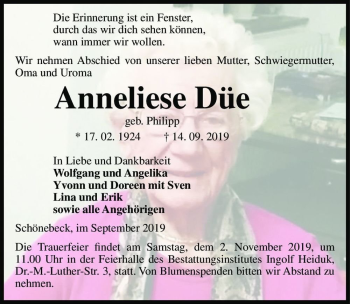 Traueranzeige von Anneliese Düe (geb. Philipp)  von Magdeburger Volksstimme