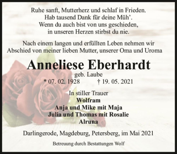 Traueranzeige von Anneliese Eberhard (geb. Laube)  von Magdeburger Volksstimme