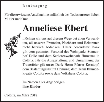 Traueranzeige von Anneliese Ebert  von Magdeburger Volksstimme