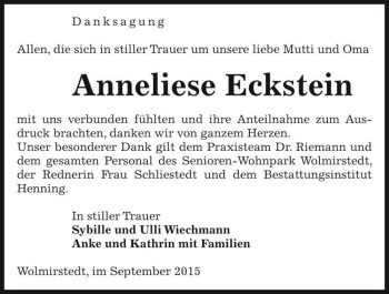 Traueranzeige von Anneliese Eckstein  von Magdeburger Volksstimme