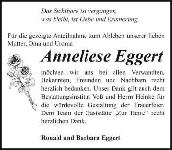 Traueranzeige von Anneliese Eggert  von Magdeburger Volksstimme