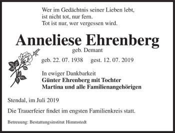 Traueranzeige von Anneliese Ehrenberg (geb. Demant)  von Magdeburger Volksstimme