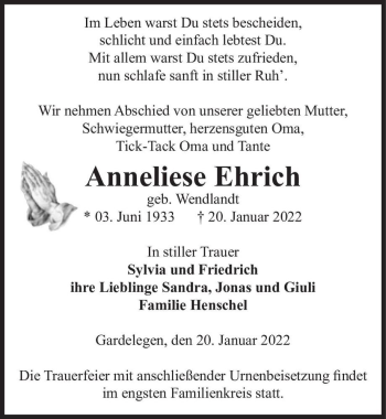 Traueranzeige von Anneliese Ehrich (geb. Wendlandt)  von Magdeburger Volksstimme