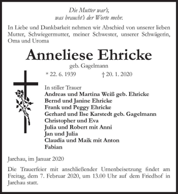 Traueranzeige von Anneliese Ehricke (geb. Gagelmann)  von Magdeburger Volksstimme