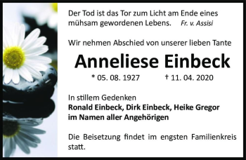 Traueranzeige von Anneliese Einbeck  von Magdeburger Volksstimme