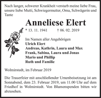 Traueranzeige von Anneliese Elert  von Magdeburger Volksstimme