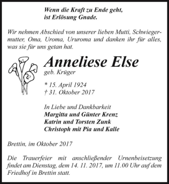 Traueranzeige von Anneliese Else (geb. Krüger)  von Magdeburger Volksstimme