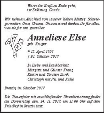 Traueranzeige von Anneliese Else (geb. Krüger)  von Magdeburger Volksstimme