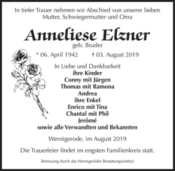Traueranzeige von Anneliese Elzner (geb. Bruder)  von Magdeburger Volksstimme