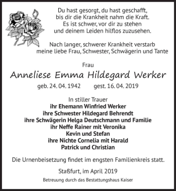 Traueranzeige von Anneliese Emma Hildegard Werker  von Magdeburger Volksstimme