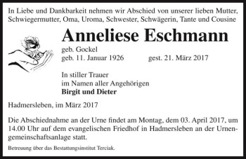 Traueranzeige von Anneliese Eschmann (geb. Gockel)  von Magdeburger Volksstimme