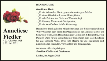 Traueranzeige von Anneliese Fiedler  von Magdeburger Volksstimme