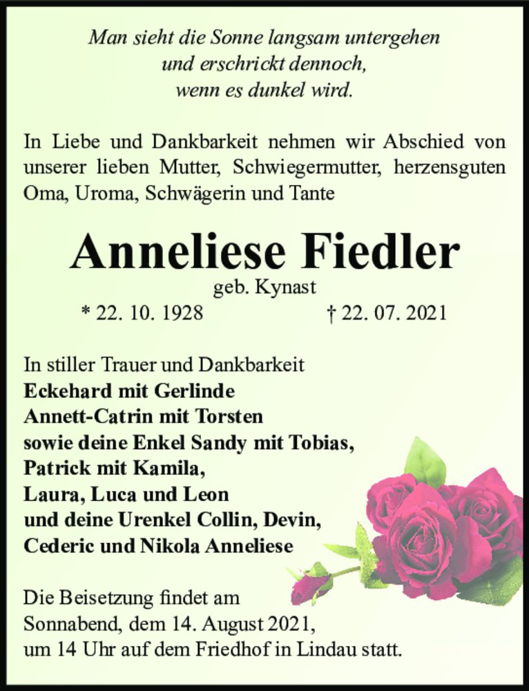  Traueranzeige für Anneliese Fiedler (geb. Kynast)  vom 31.07.2021 aus Magdeburger Volksstimme