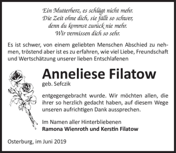 Traueranzeige von Anneliese Filatow (geb. Sefczik)  von Magdeburger Volksstimme