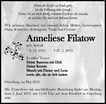 Traueranzeige von Anneliese Filatow (geb. Sefezik)  von Magdeburger Volksstimme