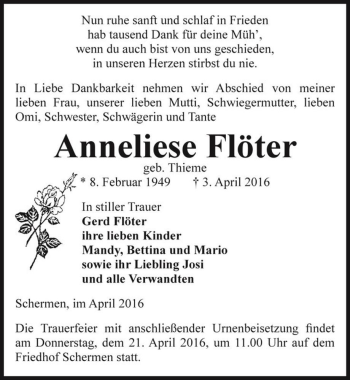 Traueranzeige von Anneliese Flöter (geb. Thieme)  von Magdeburger Volksstimme