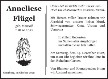 Traueranzeige von Anneliese Flügel (geb. Mausolf)  von Magdeburger Volksstimme