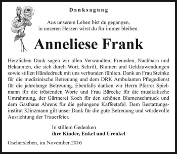 Traueranzeige von Anneliese Frank  von Magdeburger Volksstimme