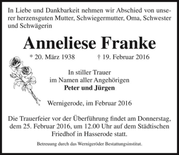 Traueranzeige von Anneliese Franke  von Magdeburger Volksstimme