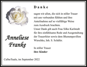 Traueranzeige von Anneliese Franke  von Magdeburger Volksstimme
