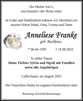 Traueranzeige von Anneliese Franke (geb. Backhaus)  von Magdeburger Volksstimme