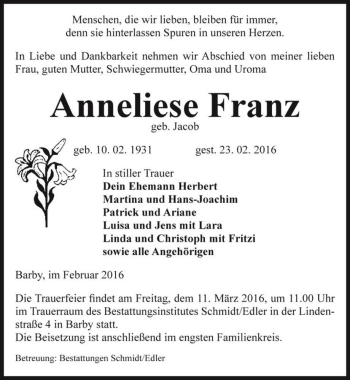 Traueranzeige von Anneliese Franz (geb. Jacob)  von Magdeburger Volksstimme