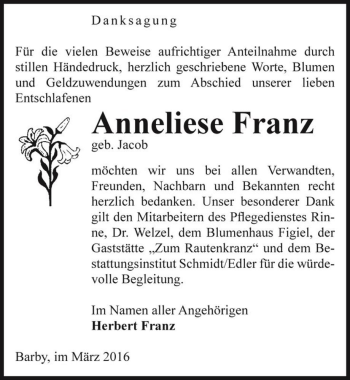 Traueranzeige von Anneliese Franz (geb. Jacob)  von Magdeburger Volksstimme