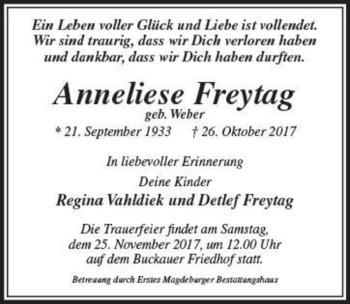 Traueranzeige von Anneliese Freytag (geb. Weber)  von Magdeburger Volksstimme