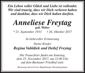 Traueranzeige von Anneliese Freytag (geb. Weber)  von Magdeburger Volksstimme