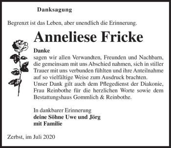 Traueranzeige von Anneliese Fricke  von Magdeburger Volksstimme