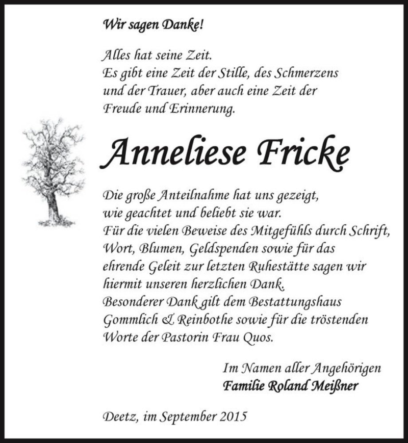  Traueranzeige für Anneliese Fricke  vom 12.09.2015 aus Magdeburger Volksstimme