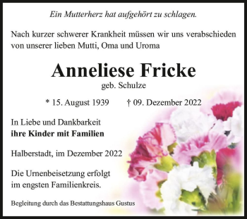 Traueranzeige von Anneliese Fricke (geb. Schulze)  von Magdeburger Volksstimme