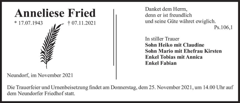  Traueranzeige für Anneliese Fried  vom 13.11.2021 aus Magdeburger Volksstimme