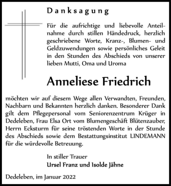 Traueranzeige von Anneliese Friedrich  von Magdeburger Volksstimme