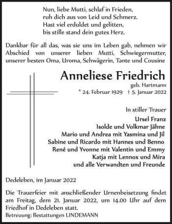 Traueranzeige von Anneliese Friedrich (geb. Hartmann)  von Magdeburger Volksstimme