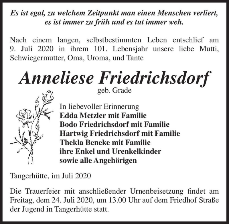  Traueranzeige für Anneliese Friedrichsdorf (geb. Grade)  vom 16.07.2020 aus Magdeburger Volksstimme
