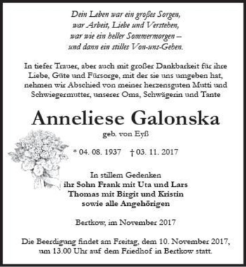 Traueranzeige von Anneliese Galonska (geb. von Eyß)  von Magdeburger Volksstimme