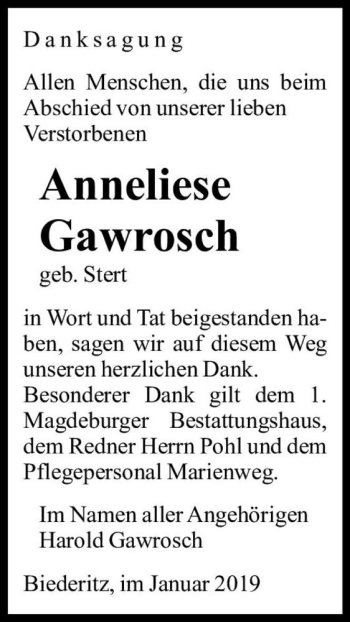 Traueranzeige von Anneliese Gawrosch (geb. Stert)  von Magdeburger Volksstimme