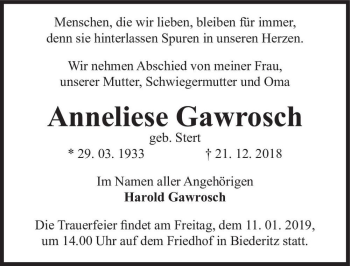 Traueranzeige von Anneliese Gawrosch (geb. Stert)  von Magdeburger Volksstimme