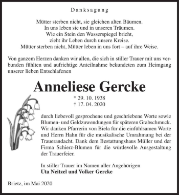 Traueranzeige von Anneliese Gercke  von Magdeburger Volksstimme