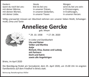 Traueranzeige von Anneliese Gercke (geb. Meyer)  von Magdeburger Volksstimme