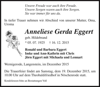 Traueranzeige von Anneliese Gerda Eggert (geb. Hildebrand)  von Magdeburger Volksstimme