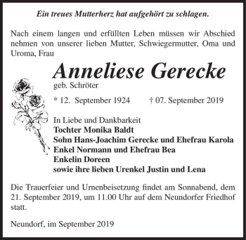 Traueranzeige von Anneliese Gerecke (geb. Schröter)  von Magdeburger Volksstimme