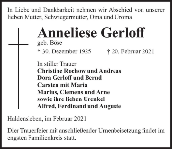 Traueranzeige von Anneliese Gerloff (geb. Böse)  von Magdeburger Volksstimme