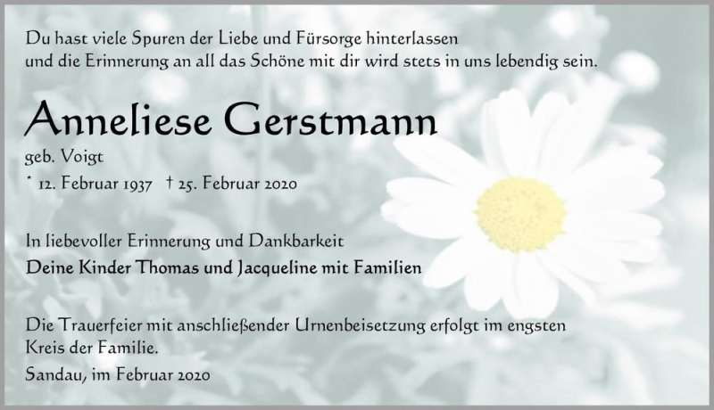  Traueranzeige für Anneliese Gerstmann (geb. Voigt)  vom 29.02.2020 aus Magdeburger Volksstimme