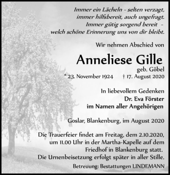 Traueranzeige von Anneliese Gille (geb. Göbel)  von Magdeburger Volksstimme
