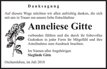 Traueranzeige von Anneliese Gitte  von Magdeburger Volksstimme