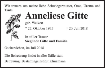 Traueranzeige von Anneliese Gitte (geb. Weikert)  von Magdeburger Volksstimme