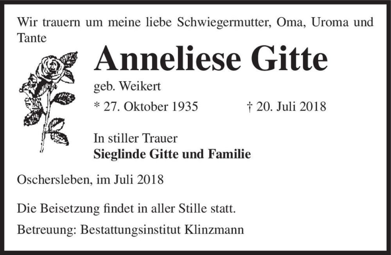  Traueranzeige für Anneliese Gitte (geb. Weikert)  vom 25.07.2018 aus Magdeburger Volksstimme