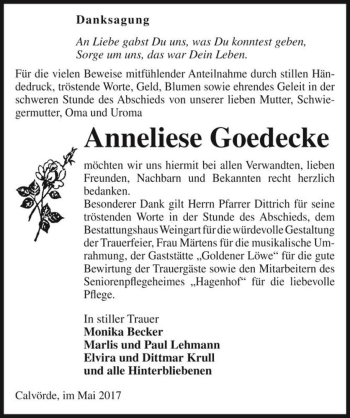 Traueranzeige von Anneliese Goedecke  von Magdeburger Volksstimme
